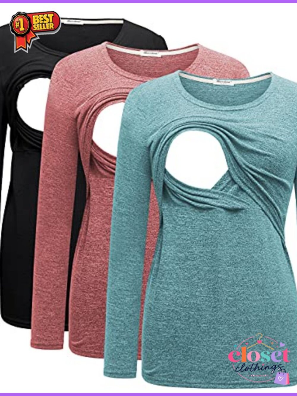 Maternity Nursing Tops 3 Pack Long Sleeve Breastfeeding Shirts Rayon Blend